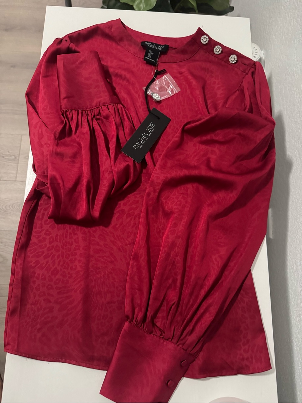 Rachel Zoe Ruby Red Satin Puff-Sleeve Blouse with Crystal Shoulder Buttons